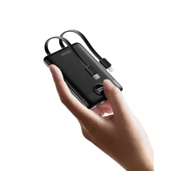VEGER Powerbank C11 (W1170) PD QC3.0 22,5W 10000 mAh ar iebūvētiem USB-C un Lightning kabeļiem, melns