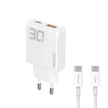 Dudao A30EU GaN 30W USB-C USB-A Wall Charger with USB-C to USB-C Cable 1m White