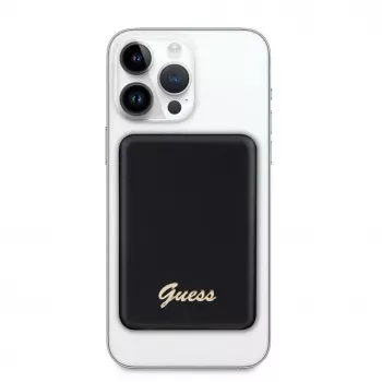 Guess Power Bank 5000mAh 15W MagSafe Un Parasta Uzlāde Ar Metāla Script Logotipu Melns