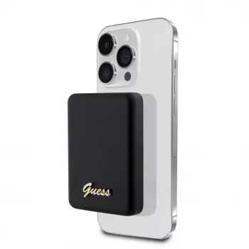 Guess Power Bank 5000mAh 15W MagSafe Un Parasta Uzlāde Ar Metāla Script Logotipu Melns