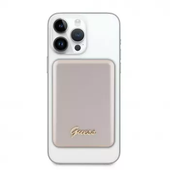 Guess Power Bank 5000mAh 15W MagSafe un Parastā Uzlāde ar Metāla Script Logotipu Zelts