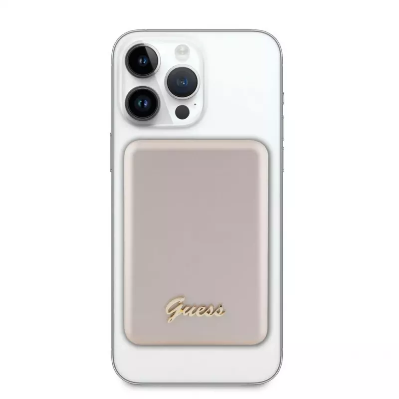 Guess Power Bank 5000mAh 15W MagSafe un Parastā Uzlāde ar Metāla Script Logotipu Zelts