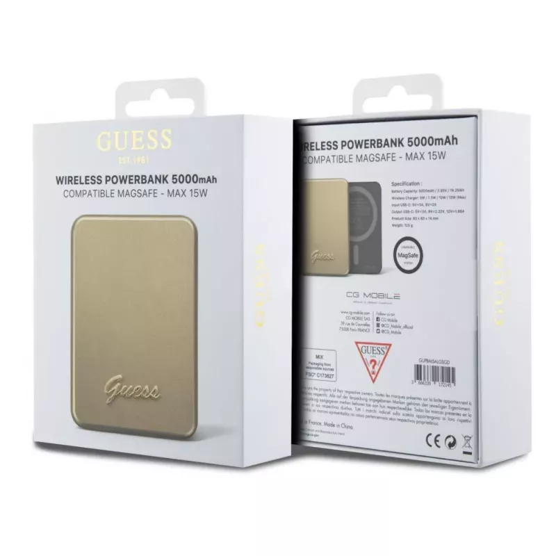 Guess Power Bank 5000mAh 15W MagSafe un Parastā Uzlāde ar Metāla Script Logotipu Zelts