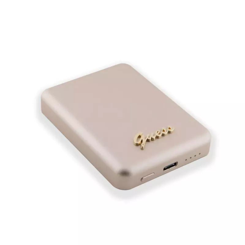 Guess Power Bank 5000mAh 15W MagSafe un Parastā Uzlāde ar Metāla Script Logotipu Zelts