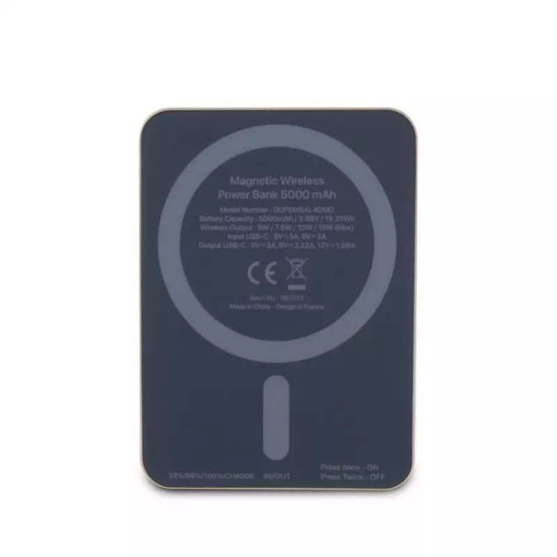 Guess Power Bank 5000mAh 15W MagSafe un Parastā Uzlāde ar Metāla Script Logotipu Zelts