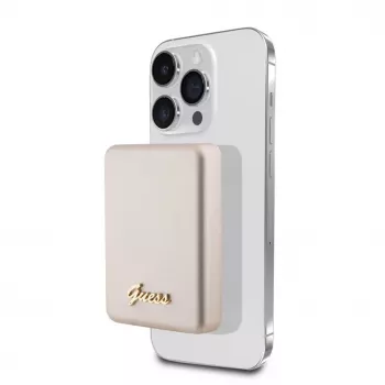 Guess Power Bank 5000mAh 15W MagSafe un Parastā Uzlāde ar Metāla Script Logotipu Zelts