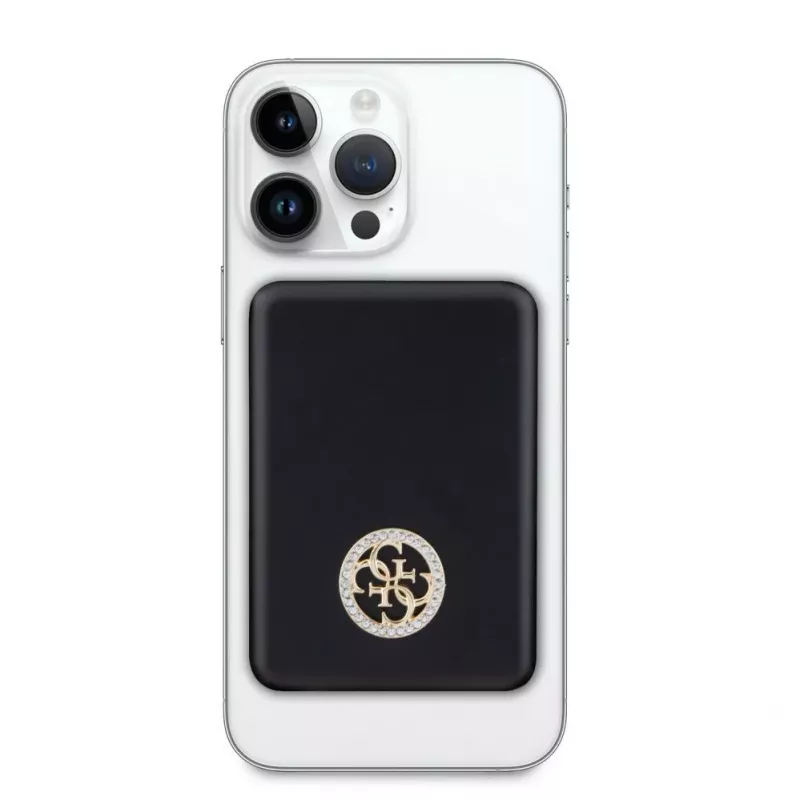 Guess Power Bank 5000mAh 15W MagSafe un Parastā Uzlāde ar Strassed 4G Logo Melns