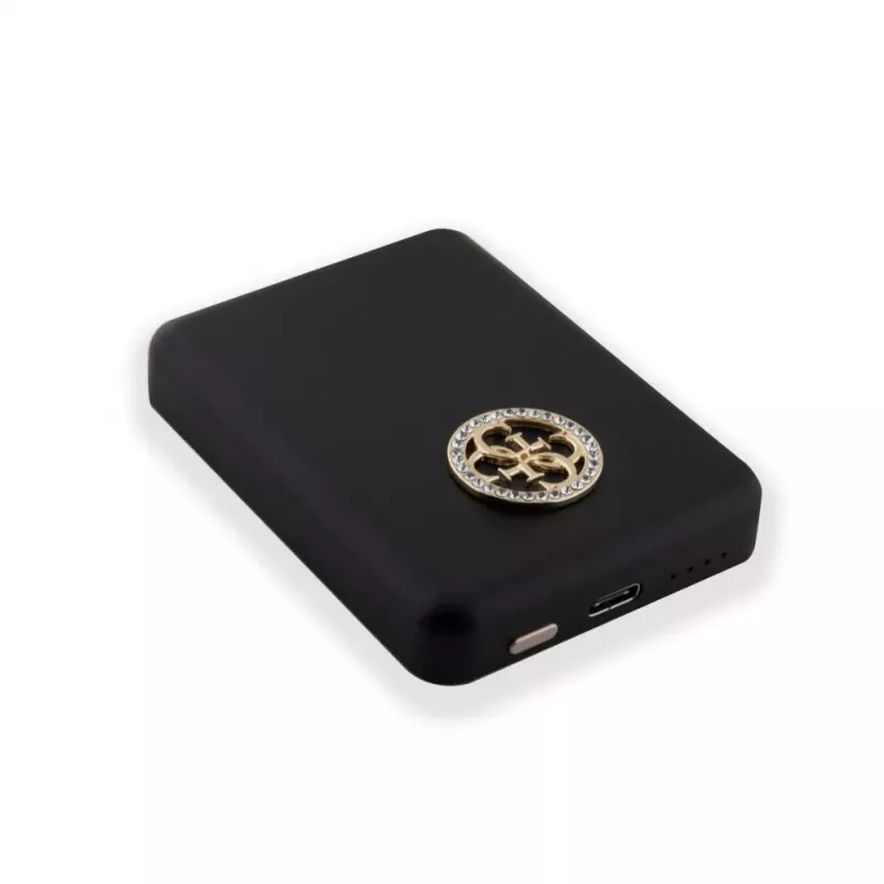 Guess Power Bank 5000mAh 15W MagSafe un Parastā Uzlāde ar Strassed 4G Logo Melns