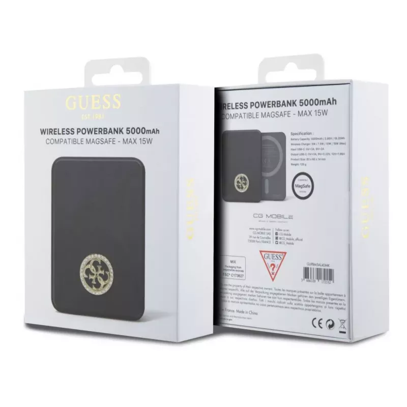 Guess Power Bank 5000mAh 15W MagSafe un Parastā Uzlāde ar Strassed 4G Logo Melns