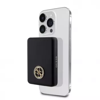 Guess Power Bank 5000mAh 15W MagSafe un Parastā Uzlāde ar Strassed 4G Logo Melns