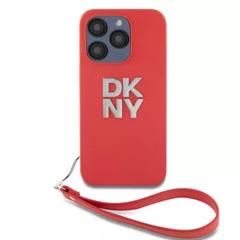 DKNY Apple iPhone 15 Pro Max PU Leather Stack Logo Wrist Strap Case Red