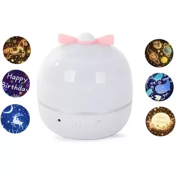 Kiddyz WH-16E Dream Projection Night Lamp (12x12x12 cm) ar 6 rakstu filmām, USB-C uzlādējams, balts