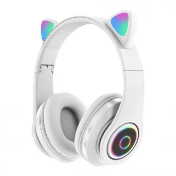 Bemi B39 Bērnu Bluetooth Bezvadu Austiņas ar Kaķa Ausīm, FM Radio, MP3, MicroSD un Telefona Zvanu - Balta