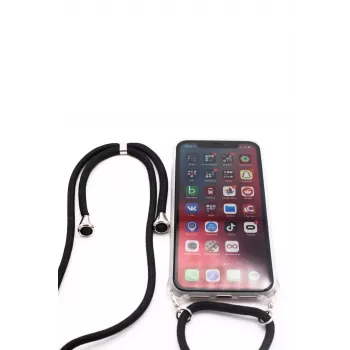 Evelatus Apple iPhone 11 Pro Max Maciņš ar Auklu Melns Caurspīdīgs