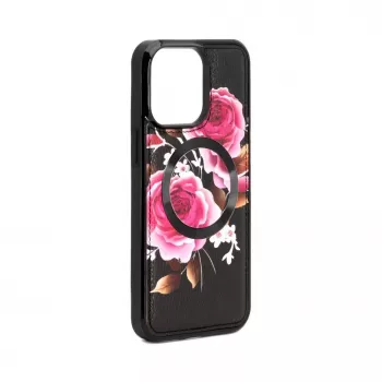 Evelatus Apple iPhone 14 Pro Max Ādas Maciņš Ar Rāvējslēdzēju Ziedu Raksts Melns