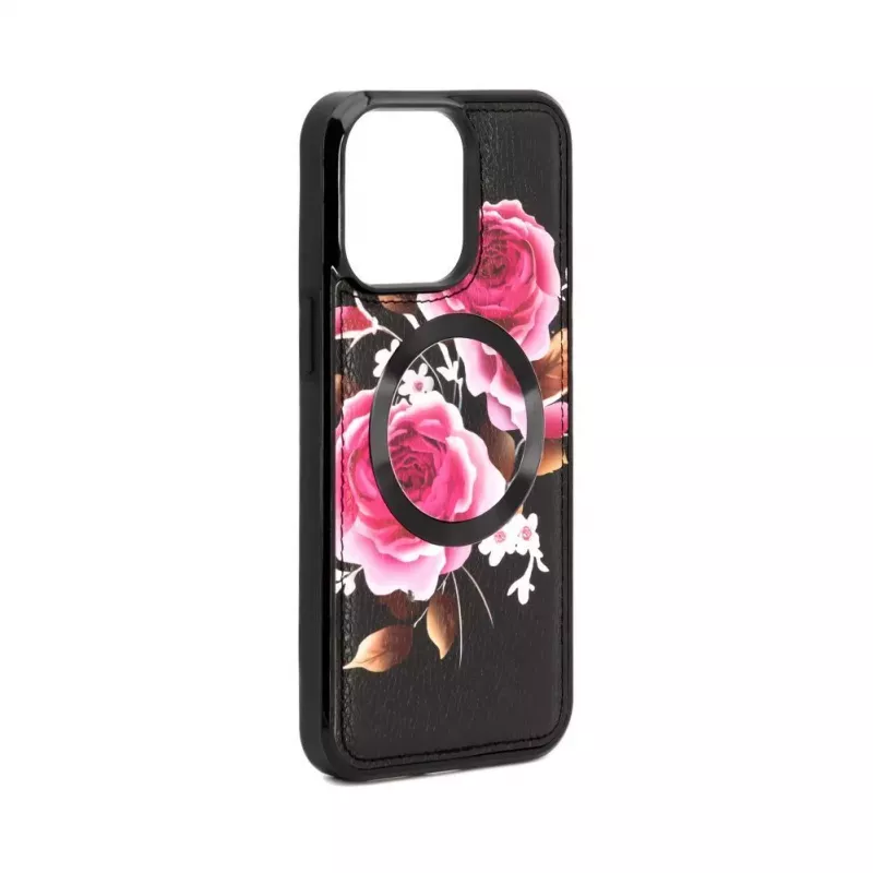 Evelatus Apple iPhone 14 Pro Max Ādas Maciņš Ar Rāvējslēdzēju Ziedu Raksts Melns