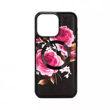Evelatus Apple iPhone 14 Pro Max Ādas Maciņš Ar Rāvējslēdzēju Ziedu Raksts Melns