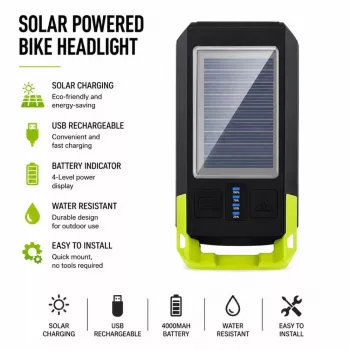 iLike Solar Powered Bike Headlight ar 120dB skaņas signālu, USB uzlādējams, 1000LM LED velo priekšējais lukturis, 4000mAh akumulators, avārijas brīdinājuma gaisma