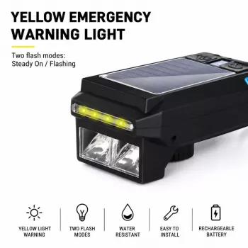 iLike Solar Powered Bike Headlight ar 120dB skaņas signālu, USB uzlādējams, 1000LM LED velo priekšējais lukturis, 4000mAh akumulators, avārijas brīdinājuma gaisma