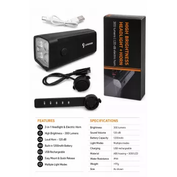 iLike Rechargeable Bicycle Headlight with 120dB Electric Horn, 300 Lumens LED Bike Light, USB Rechargeable, Handlebar Remote Switch