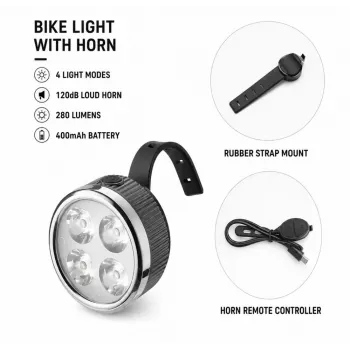 iLike Rechargeable Bike Headlight ar 120dB skaņas signālu, 280 lūmeni, 4 gaismas režīmi, USB uzlāde, bezvadu tālvadība