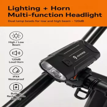 iLike JOHORSE Rechargeable Bike Light ar 120dB skaņas signālu, USB uzlādējams LED velosipēda priekšējais lukturis, High/Low Beam, IPX4 ūdensizturīgs, melns