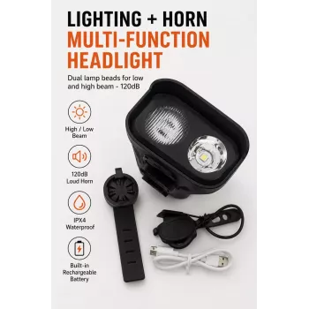 iLike JOHORSE Rechargeable Bike Light ar 120dB skaņas signālu, USB uzlādējams LED velosipēda priekšējais lukturis, High/Low Beam, IPX4 ūdensizturīgs, melns