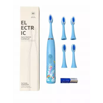 iLike Kids Sonic Electric Toothbrush, Waterproof, 5 Brush Heads (1+4 Replacement Heads), Battery Powered, Soft Bristles, Unicorn Design, Blue