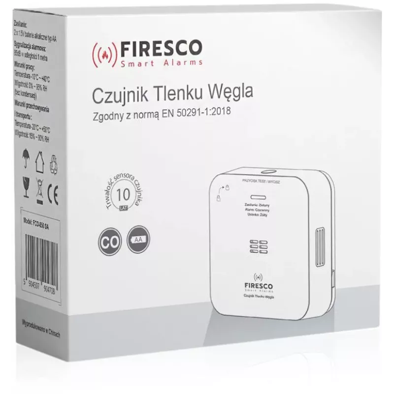 FIRESCO FCO-850 SA oglekļa monoksīda sensors ar LCD displeju, 10 gadu kalpošanas laiks