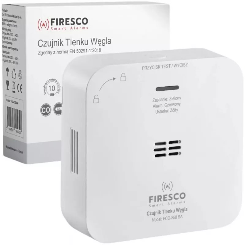 FIRESCO FCO-850 SA oglekļa monoksīda sensors ar LCD displeju, 10 gadu kalpošanas laiks