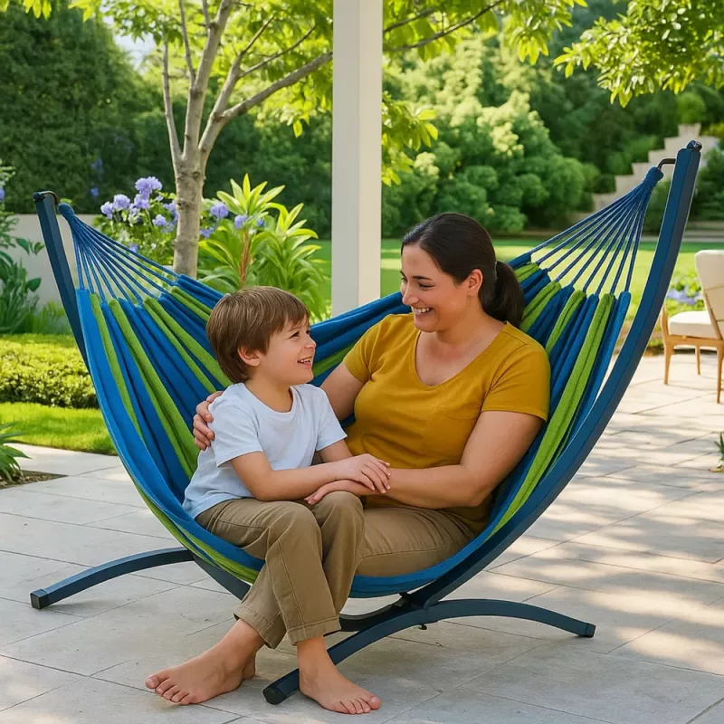 LEAN Garden Hammock with Frame for Two People, Green and Blue, 200x120 cm