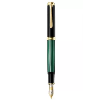 Pelikan Souverän M1000 pildspalva, melna, zelta apdare, zaļš tintes logs, resns spals, integrēts virzuļpildītājs, ambidekstra, Vācija