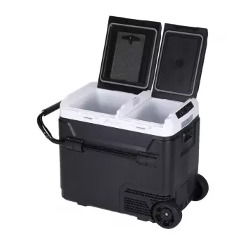 HCALORY P50M+ Auto Ledusskapis ar Bluetooth, 50L, -20°C līdz +20°C, DC 12/24V & AC 100-240V, 60W, R134a, LCD Displejs, Lietotnes Vadība, Akumulatora Aizsardzība, Riteņi, Teleskopiskais Roks, LED Gaisma, USB Ports, CE/RoHS/FCC