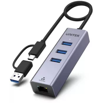UNITEK USB-C Hub 4-in-1 Ethernet 3 x USB-A 5 Gbps with USB-A Adapter