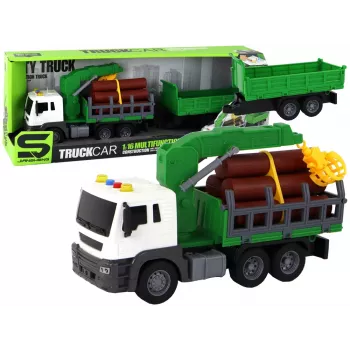 LEAN TOYS Truck With Crane Friction Drive Sounds Green Wood 1:16