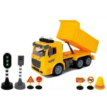 LEAN TOYS Tipper Set 1:14 RC Dump Truck with Road Signs, Lights & Speed Camera - Yellow