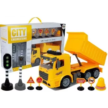 LEAN TOYS Tipper Set 1:14 RC Dump Truck with Road Signs, Lights & Speed Camera - Yellow