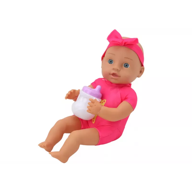 LEAN TOYS Baby Doll ar rozā drēbītēm, galvas saiti un barošanas aksesuāriem