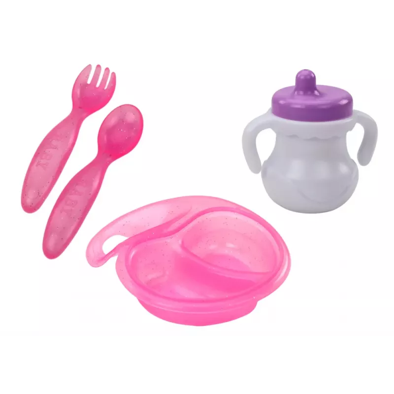 LEAN TOYS Baby Doll ar rozā drēbītēm, galvas saiti un barošanas aksesuāriem