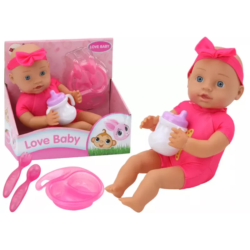 LEAN TOYS Baby Doll ar rozā drēbītēm, galvas saiti un barošanas aksesuāriem
