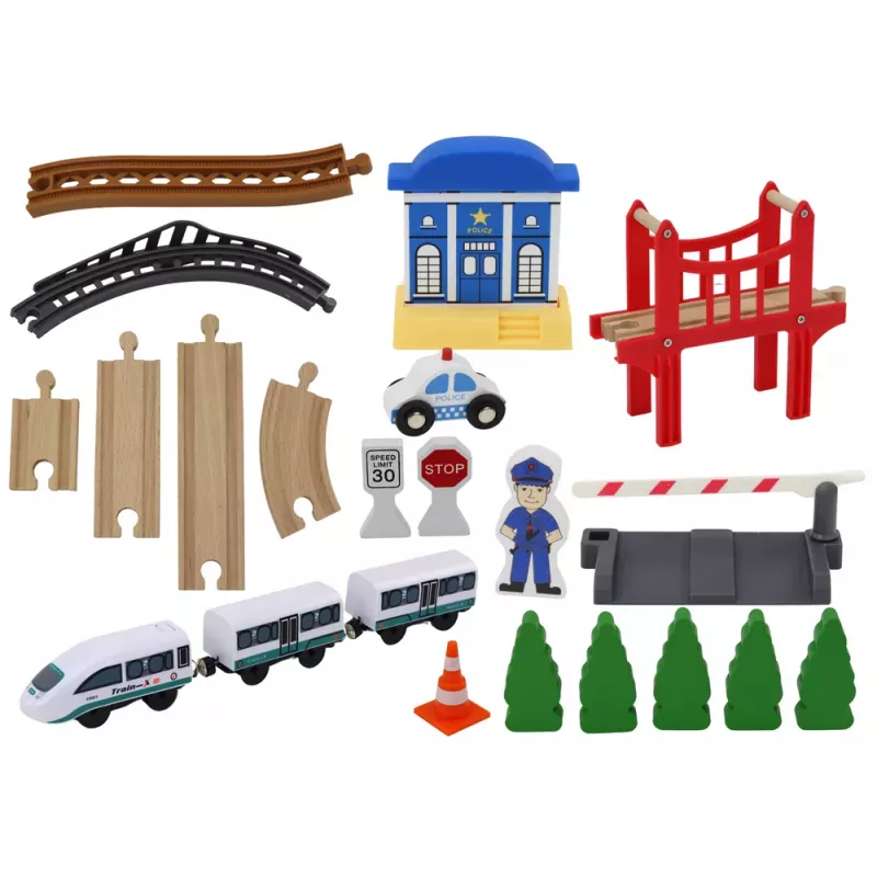 LEAN TOYS Wooden Railway Track Train Set with Police Station Bridge 3.2m 75 Pieces