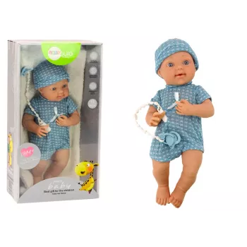 LEAN TOYS Baby Doll in Blue Clothes, Hat, Pacifier, and Blanket 35 cm