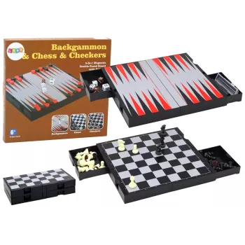 LEAN TOYS 3in1 Spēļu komplekts ar magnētisko dēli – Šahs, Dambrete, Backgammon