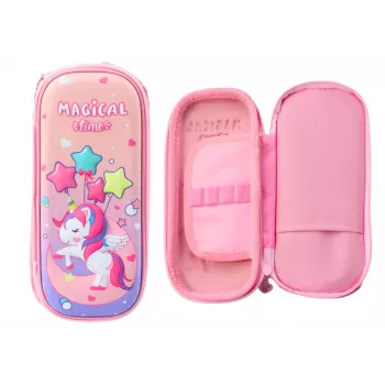 LEAN Pink Pencil Case with 3D Unicorn Two-compartment 24 cm x 11 cm x 7 cm