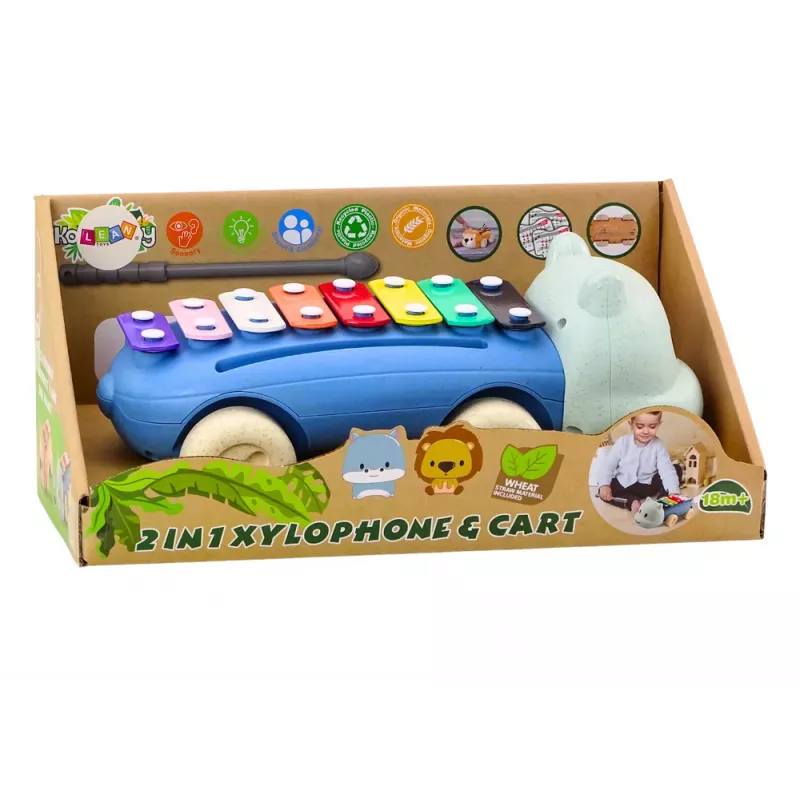LEAN TOYS Nīlzirgs ar šķīvjiem uz riteņiem – mūzikas instruments bērniem, krāsains, izglītojošs