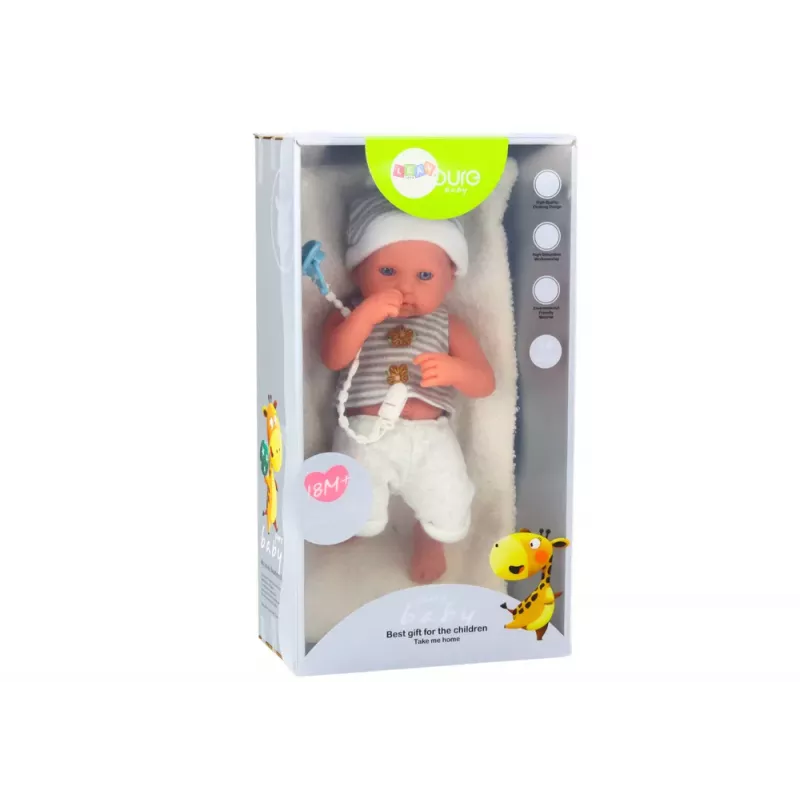 LEAN TOYS Baby Doll in White and Gray Clothes, Hat, Pacifier, and Blanket