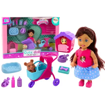 LEAN TOYS Doll With Dogs Dog Doll Kennel Accessories Pink Puppy 16 pcs.