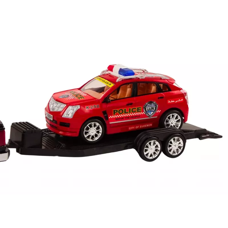 LEAN TOYS Policijas komplekts ar pikapu, bezceļu, evakuatoru un piekabi