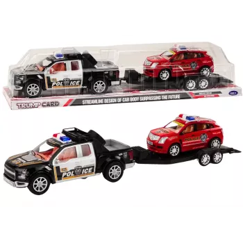 LEAN TOYS Policijas komplekts ar pikapu, bezceļu, evakuatoru un piekabi