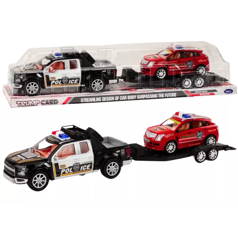 LEAN TOYS Policijas komplekts ar pikapu, bezceļu, evakuatoru un piekabi